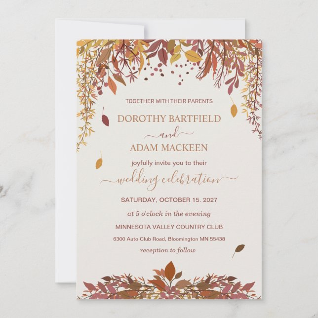 Invitation Aquarelle feuilles d'automne Mariage (Devant)