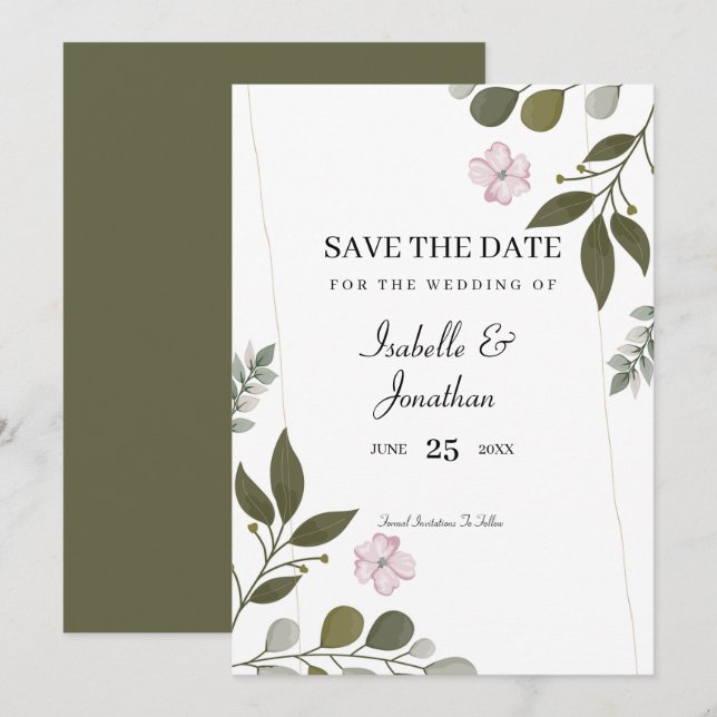 Invitation Aquarelle Feuilles Et Fleurs Roses (Devant / Derrière)