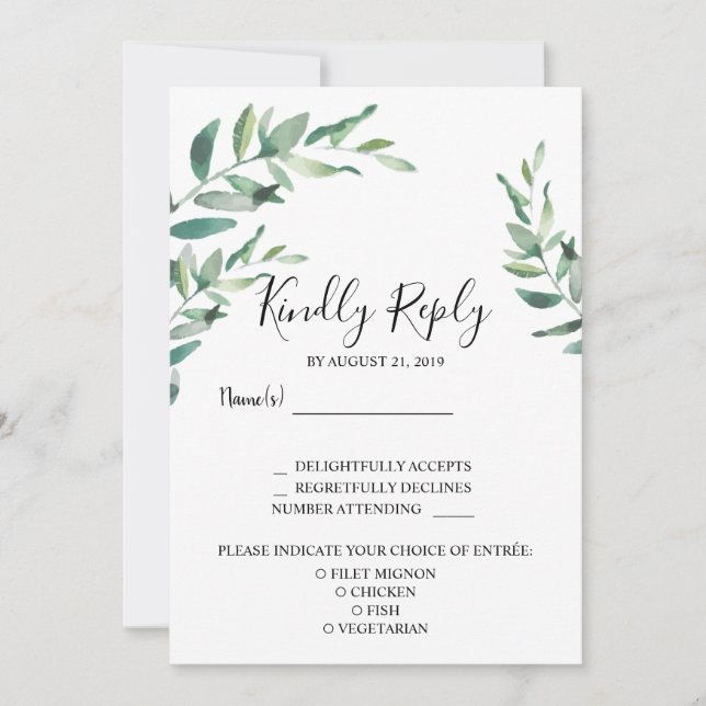 Invitation Aquarelle feuilles mariage RSVP choix de repas (Devant)