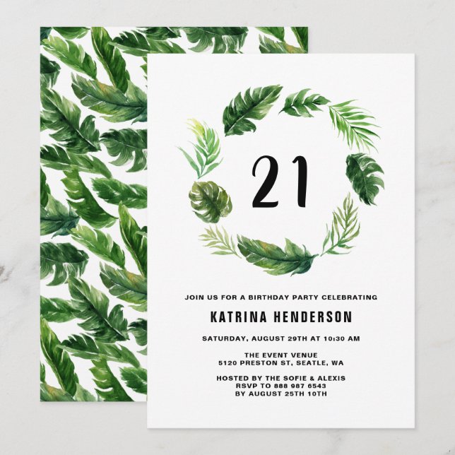 Invitation Aquarelle Feuilles tropicaux Wreath été Anniversai (Devant / Derrière)