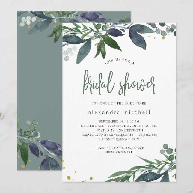 Invitation Aquarelle feuillue | FÊTE DES MARIÉES (Devant / Derrière)