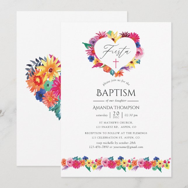 Invitation Aquarelle Fiesta florale Baptême (Devant / Derrière)