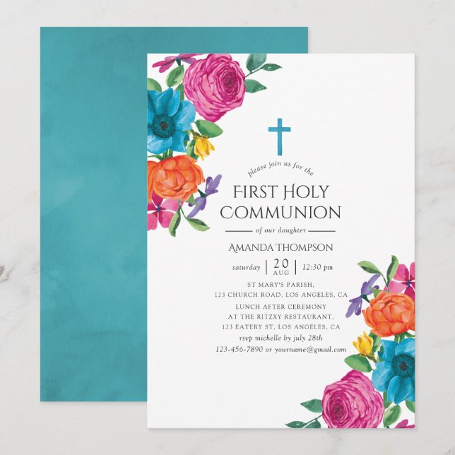 Invitation Aquarelle Fiesta Florale Première communion sainte (Devant / Derrière)