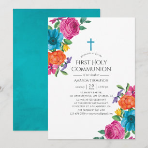 Invitation Aquarelle Fiesta Florale Première communion sainte