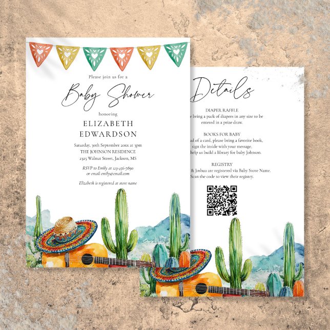 Invitation Aquarelle Fiesta Mexicaine Tout en un Baby shower (Mexican Fiesta Watercolor All In One Baby Shower Invitation)