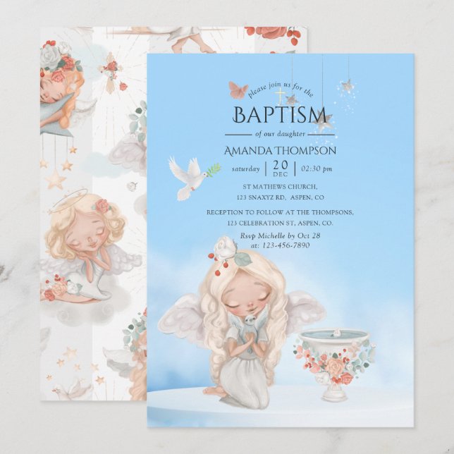 Invitation Aquarelle fille Angel Baptême (Devant / Derrière)