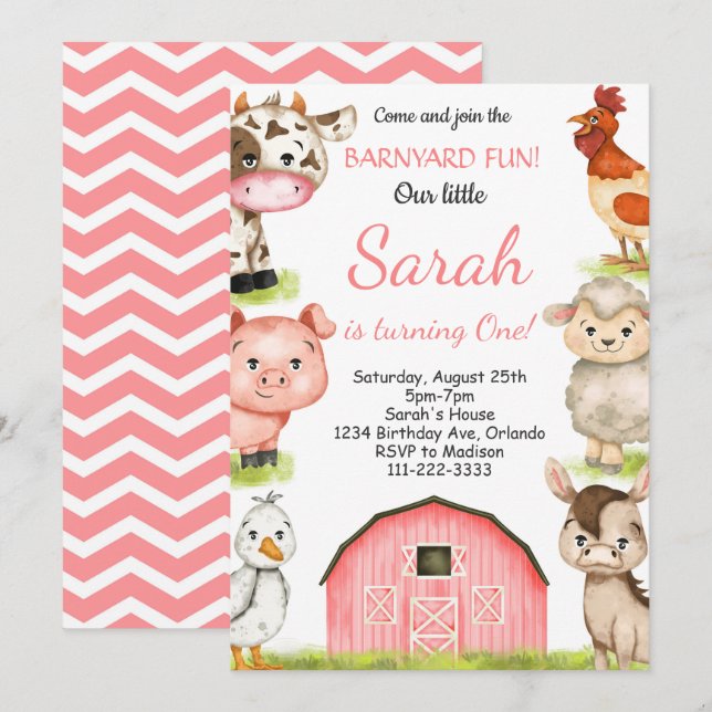 Invitation Aquarelle Fille Animaux de ferme Anniversaire Invi (Devant / Derrière)