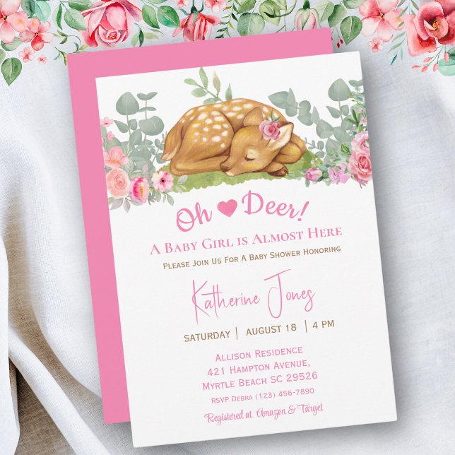 Invitation Aquarelle fille Cerf mignonne Baby shower floral (Créateur téléchargé)
