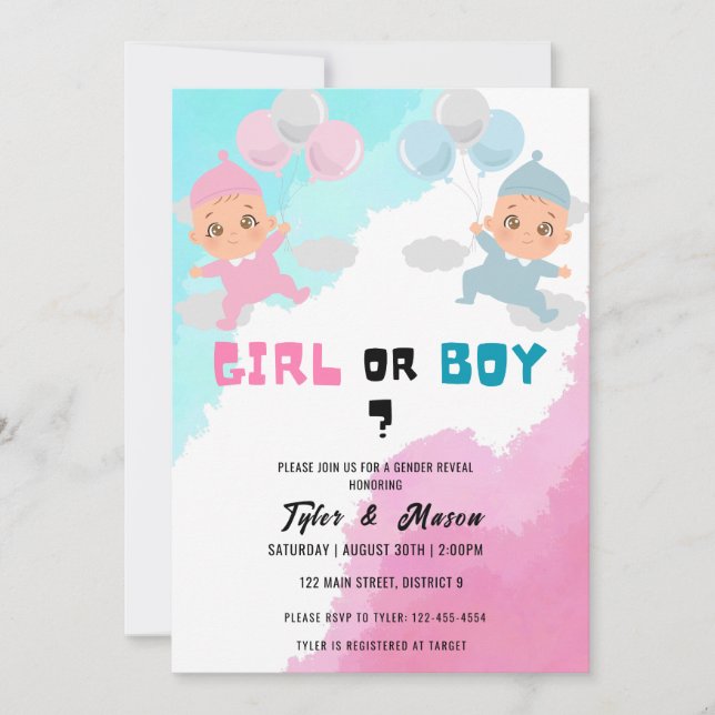 Invitation Aquarelle Fille ou Garçon Fête de Révélation de ge (Devant)
