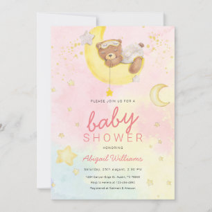 Invitation Aquarelle fille ours avec lunes / étoiles baby sho