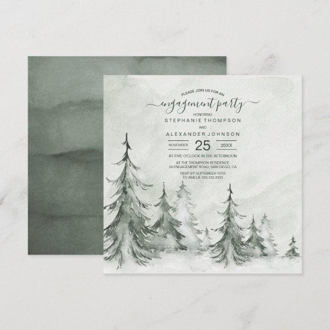 Invitation Aquarelle Fir Trees Mariage d'hiver (Devant / Derrière)