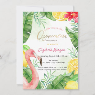 Invitation Aquarelle Flamant rose été Quinceanera