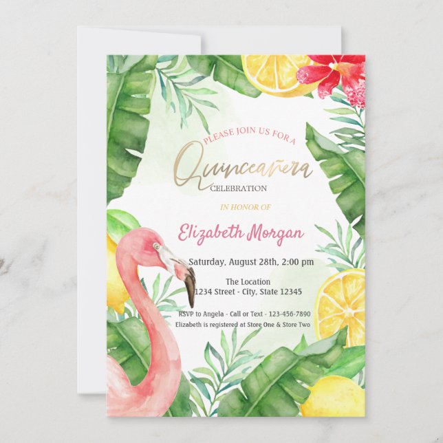 Invitation Aquarelle Flamant rose été Quinceanera (Devant)