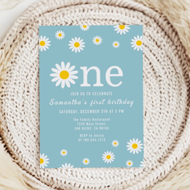 Invitation Aquarelle Fleur Chamomile Turquoise Premier Annive (Créateur téléchargé)