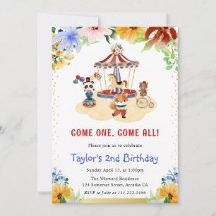 Invitation Aquarelle Fleur Cute Animaux de Cirque Anniversair