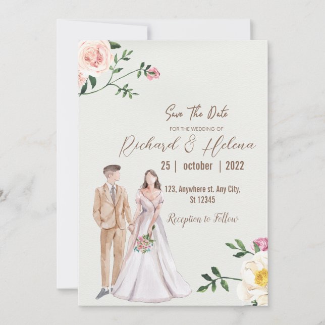 Invitation aquarelle fleur d'automne et palmier Mariage flora (Devant)