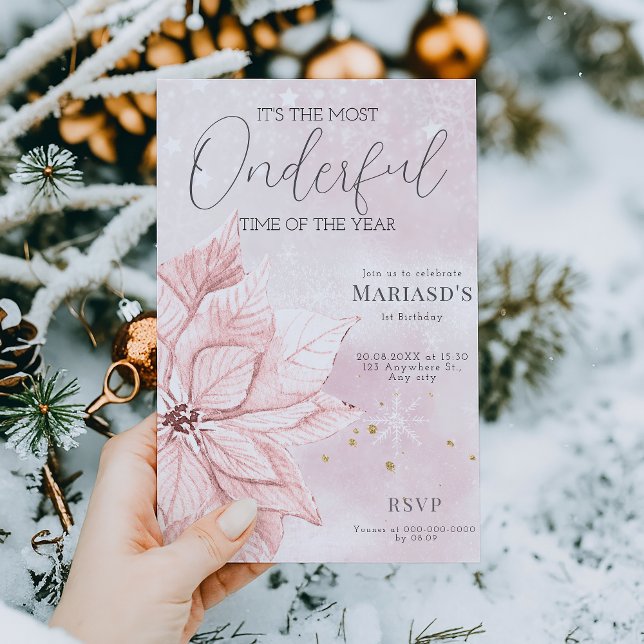 Invitation aquarelle Fleur de Noël rose 1er anniversaire (Créateur téléchargé)