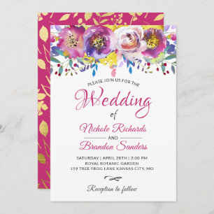 Invitation Aquarelle Fleur Fuchsia Mariage Floral Or