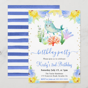 Invitation Aquarelle Fleur Narval Anniversaire Sous-Marin