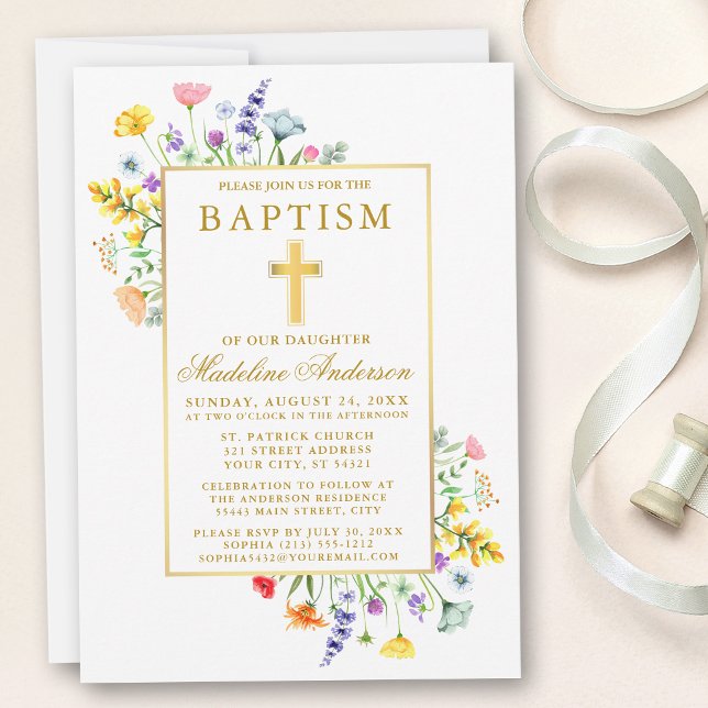 Invitation Aquarelle Fleur sauvage Baptême d'or (Customize to change text color, style, size or to add text to back of card.)