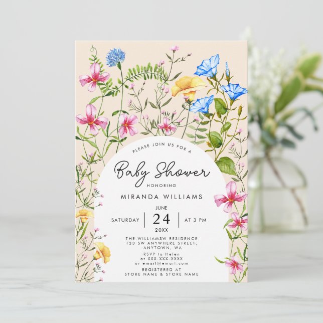 Invitation Aquarelle fleur sauvage Boho Baby shower (Debout devant)