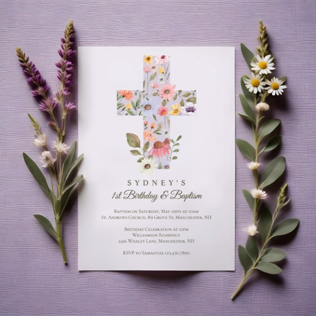 Invitation Aquarelle Fleur sauvage Croix 1er Anniversaire Bap (Watercolor Wildflower Cross 1st Birthday Baptism Invitation)