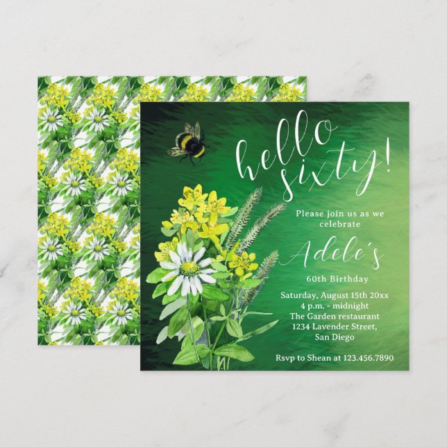 Invitation Aquarelle fleur sauvage de 60 ans (Devant / Derrière)