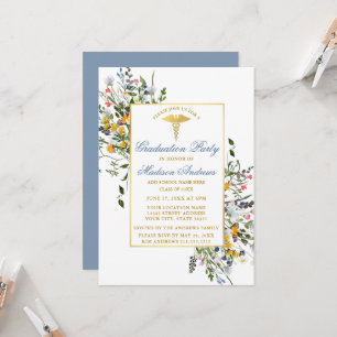 Invitation Aquarelle Fleur sauvage Dusty Blue Nurse Grad Part