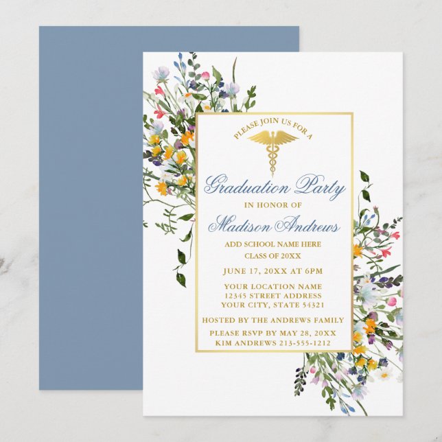 Invitation Aquarelle Fleur sauvage Dusty Blue Nurse Grad Part (Devant / Derrière)