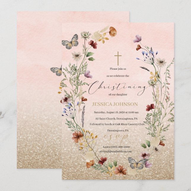 Invitation Aquarelle fleur sauvage et papillon Rejoignez-nous (Devant / Derrière)