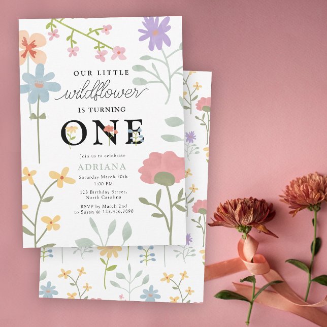 Invitation Aquarelle Fleur sauvage Floral 1er Premier Anniver (Watercolor Wildflowers Floral 1st First Birthday Invitation)