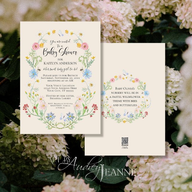 Invitation Aquarelle Fleur sauvage Floral Bees Baby Girl Douc (Créateur téléchargé)