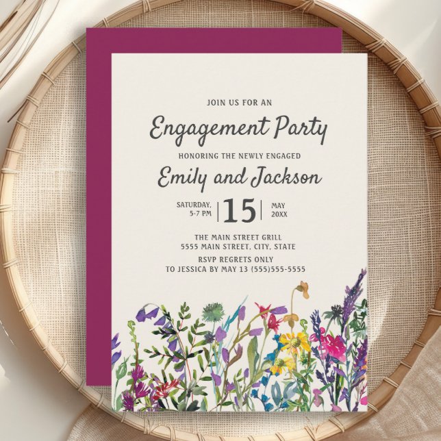 Invitation Aquarelle Fleur sauvage Floral violet Fiançailles (Watercolor wildflowers engagement party invitation)