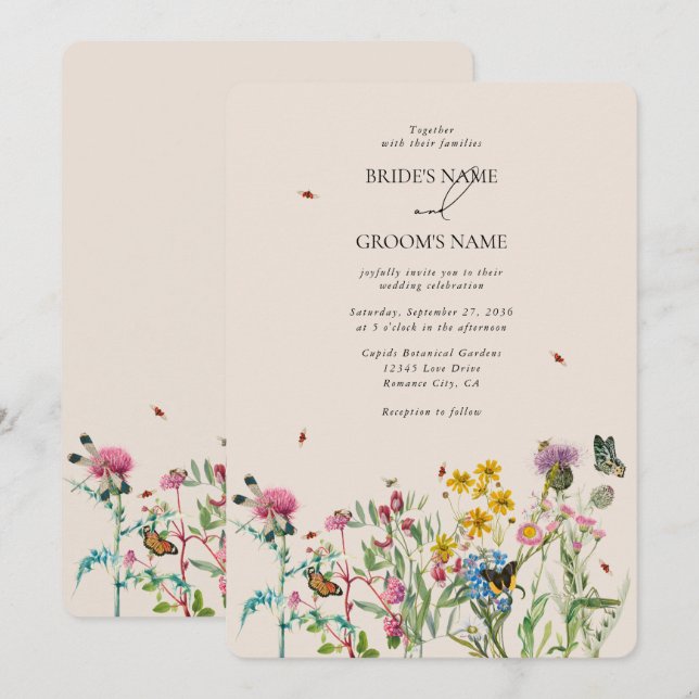 Invitation Aquarelle Fleur sauvage Jardin & Insectes Mariage  (Devant / Derrière)