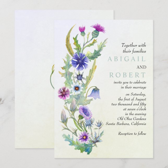 Invitation Aquarelle fleur sauvage mariage fleuri  (Devant / Derrière)