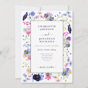 Invitation Aquarelle Fleur sauvage moderne bleu marine