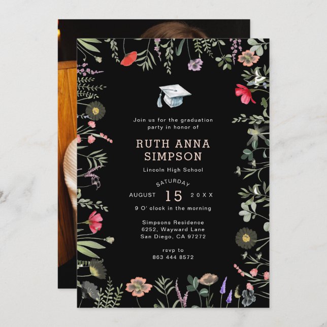 Invitation Aquarelle Fleur sauvage photo demande de diplôme (Devant / Derrière)