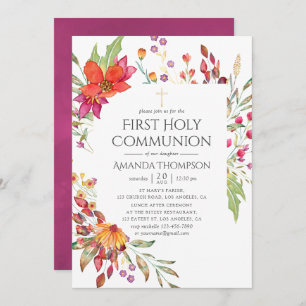 Invitation Aquarelle Fleur sauvage Première communion sainte