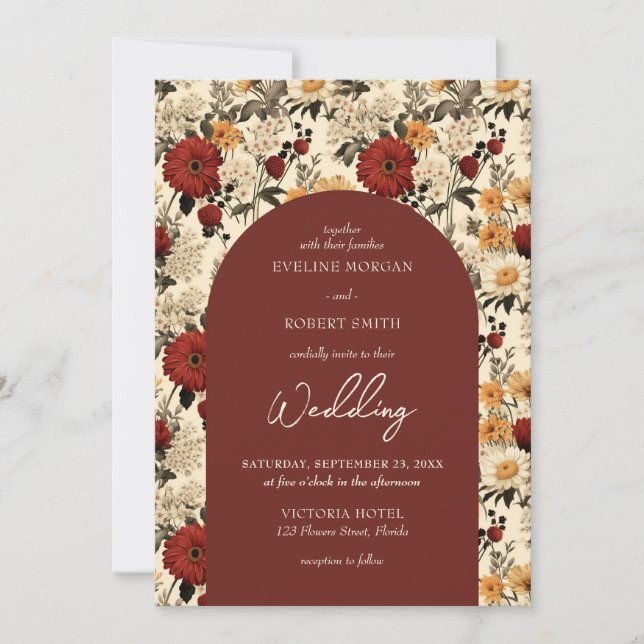 Invitation Aquarelle fleur sauvage profonde ivoire rouge arch (Devant)