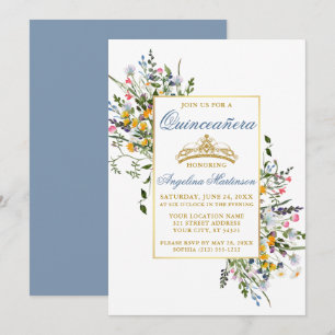 Invitation Aquarelle Fleur sauvage Quinceanera Dusty Blue