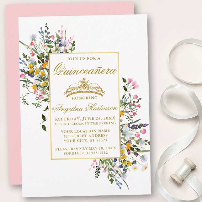 Invitation Aquarelle Fleur sauvage Quinceanera Rose Blush (Customize to change text color, style, add text & photos to back or change color of back of card.)