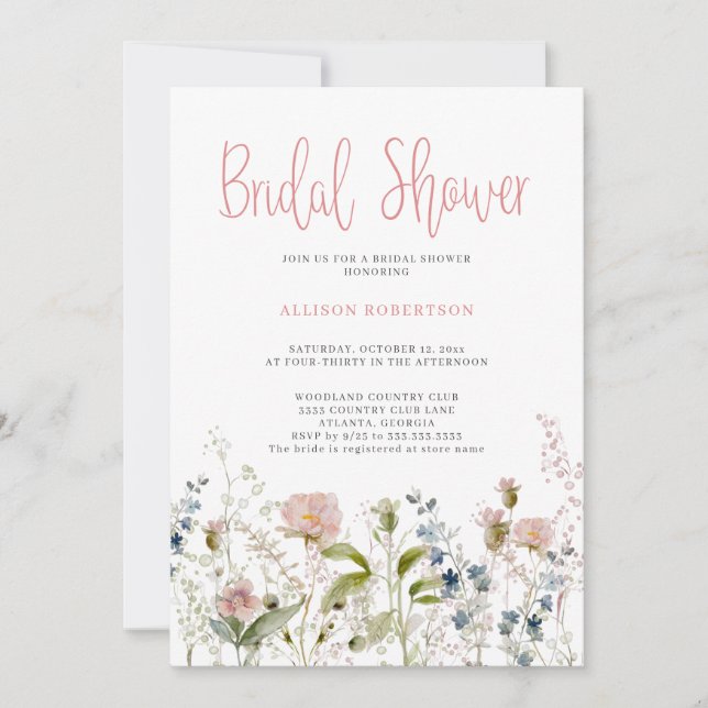 Invitation Aquarelle Fleur sauvage rose Fête des mariées flor (Devant)