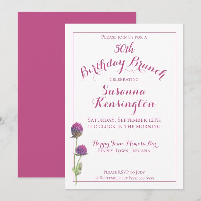 Invitation Aquarelle Fleur sauvage rose Floral Anniversaire B (Devant / Derrière)