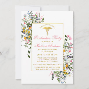 Invitation Aquarelle Fleur sauvage Rose Gold Nurse Graduation