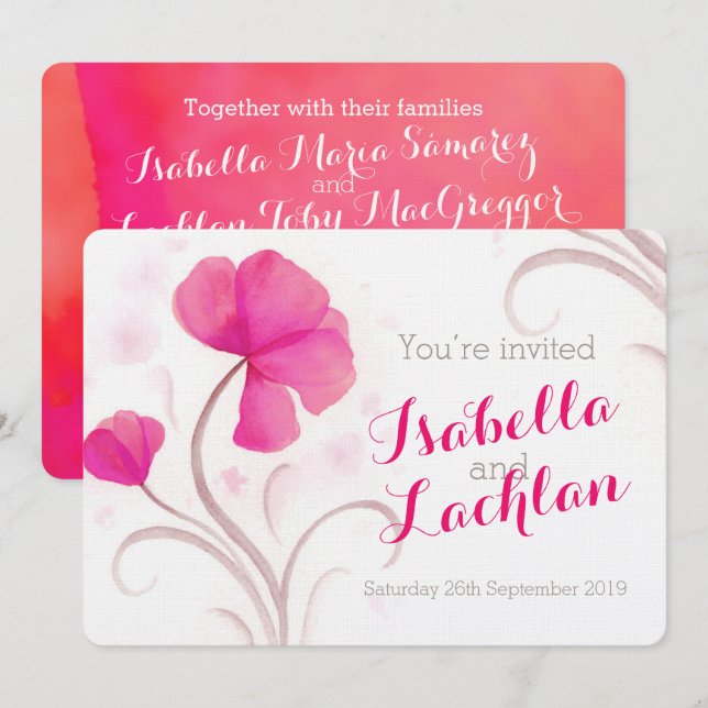Invitation Aquarelle fleur sauvage rouge rose (Devant / Derrière)