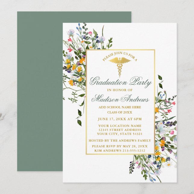 Invitation Aquarelle Fleur sauvage Sage Green Nurse Grad Part (Devant / Derrière)