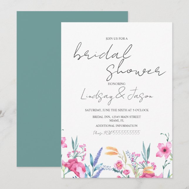 Invitation Aquarelle Fleur sauvage Vert Fête des mariées Scri (Devant / Derrière)
