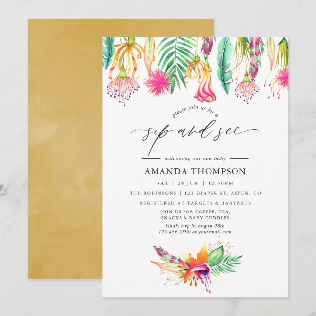 Invitation Aquarelle Fleur Tropicale Sip et Voir (Devant / Derrière)