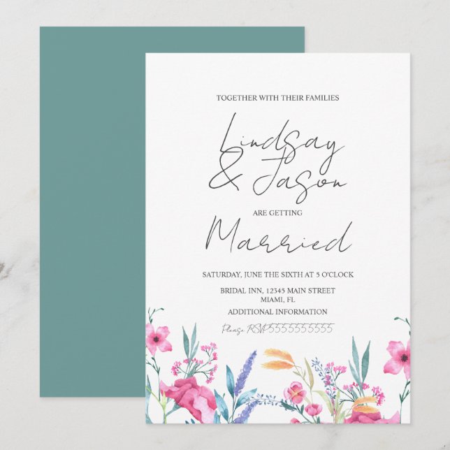 Invitation Aquarelle Fleur verte Mariage Script (Devant / Derrière)