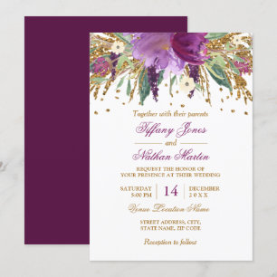 Invitation Aquarelle Fleurie Améthyste Étincelante Mariage